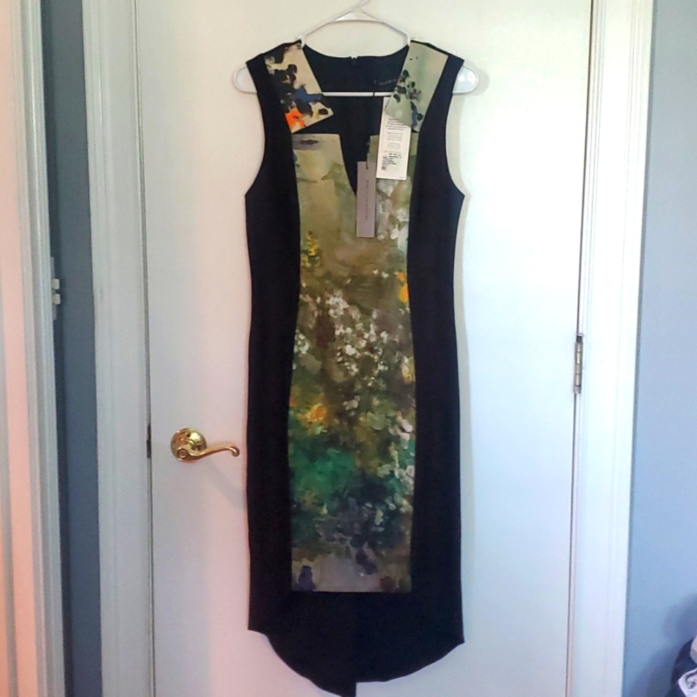 Black Halo sheath color block painted floral hi-low dress size 8
